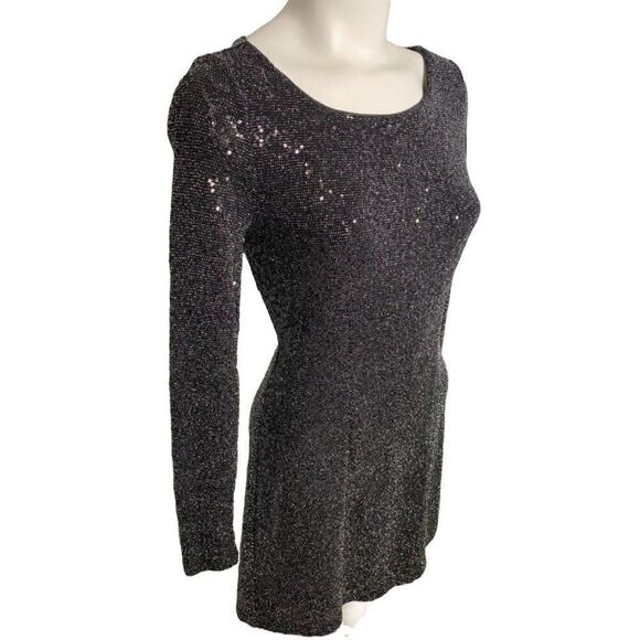 Express Black Sequin Long Sleeve Fit & Flare Mini Dress Sz XS - Picture 3 of 8